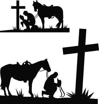 Cowboy kneeling at cross Vector Silhouette, cowboy kneeling SVG, Cowboy's Prayer Illustration