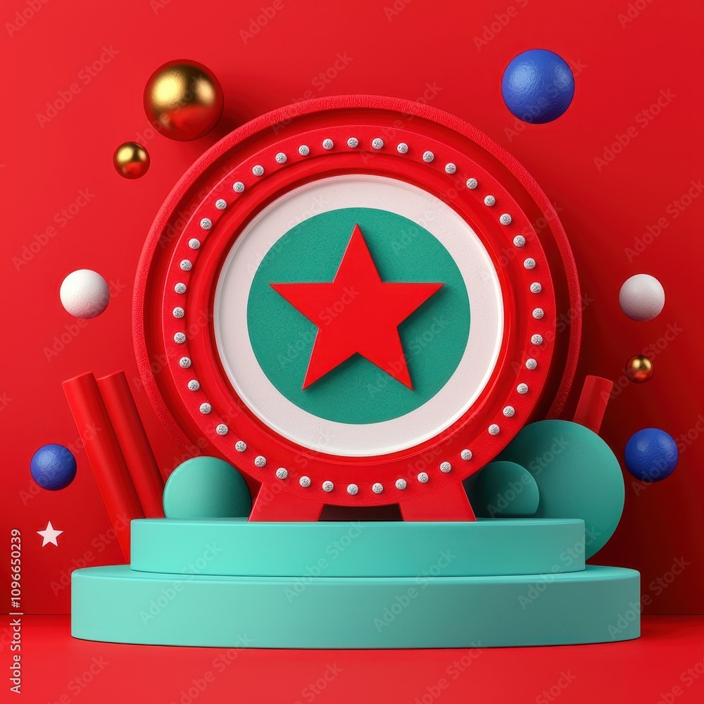 Poster a vibrant 3d display featuring a red star on a circular podium, surrounded by colorful spheres and r