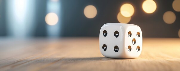 A close-up of a white six-sided die on a wooden surface, with a blurred background featuring soft bokeh lights.