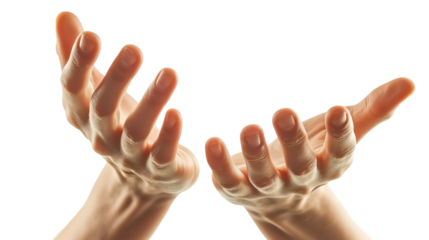Close-up of two human hands in an expressive gesture, palms open upwards, isolated on a white background with soft lighting and smooth skin texture