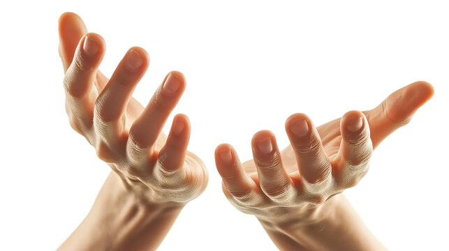 Close-up of two human hands in an expressive gesture, palms open upwards, isolated on a white background with soft lighting and smooth skin texture