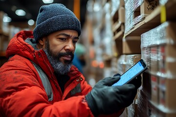 A warehouse worker uses a smartphone to manage inventory amidst shelves of boxed goods.