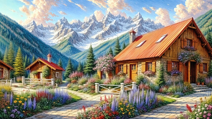 Obraz premium Idyllic countryside summer landscape with wooden old houses, beautiful flowers and trees with the Alp mountains in the background, oil painting on canvas