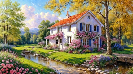 Oil painting on canvas summer landscape with wooden old house near river, beautiful flowers and trees.