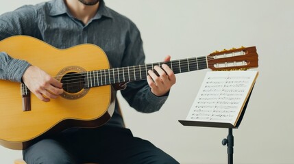 Obraz premium Guitar playing session indoor space music performance minimalist environment close-up view creative expression