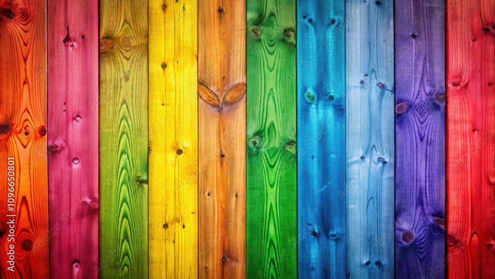 Poster a vibrant rainbow of painted wooden planks, showcasing a spectrum of color and texture, creating a v