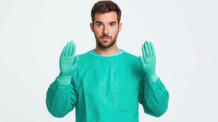 Naklejka premium Medical professional demonstrating hygiene protocols hospital setting healthcare image clinical environment frontal view infection control
