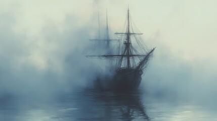 Fototapeta premium Ancient sailing ship emerges from morning mist