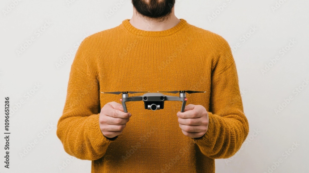 Poster drone pilot demonstrating advanced drone technology indoor setting product showcase minimalist envir