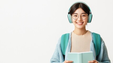Student reading book with headphones indoor study space lifestyle bright environment front view focus on learning