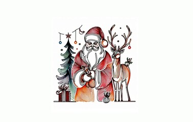 Fototapeta premium Vibrant Stained Glass Style Santa Claus with Reindeer - 2024 Christmas Holiday Illustration