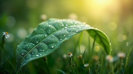 Fine Detail of Dew-Covered Leaf, Veins and Texture in Focus, Surrounded by a Tranquil Nature Scene