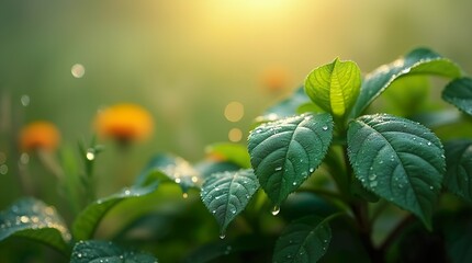 Sharp Close-Up of Dew-Tipped Leaf, Veins and Textures Defined Against a Gentle Bokeh Backdrop