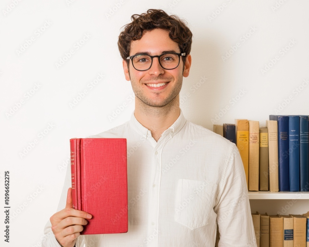 Poster man holding book home library portrait style casual environment close-up view knowledge and learning