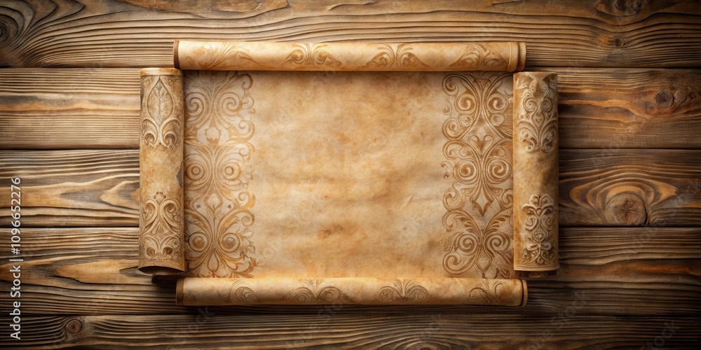 Aufkleber an antique scroll with intricate ornamental design unfurling on rustic wooden surface