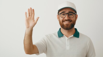 Naklejka premium Friendly wave gesture from a smiling man indoor studio portrait bright environment engaging concept
