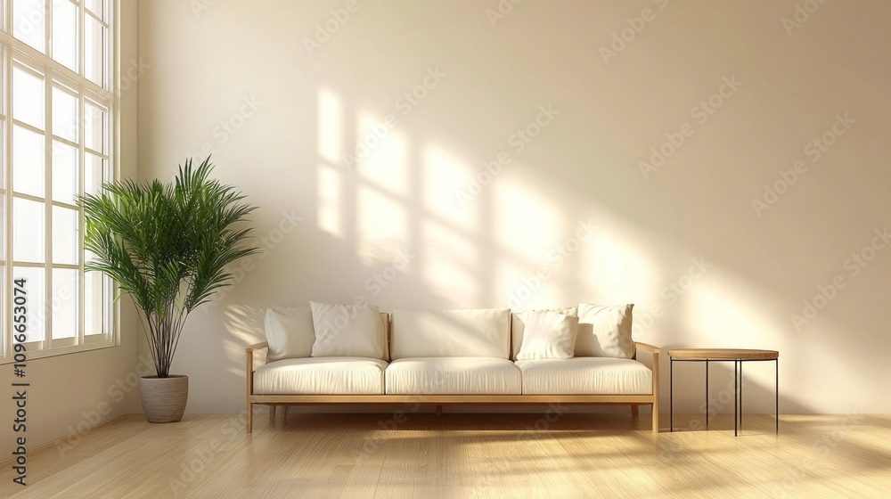Poster a large white couch sits in a room with a window
