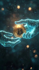 Glowing Bitcoin Crypto Coin Transfer Between Digital Avatars. Digital Currency Exchange Art Concept. Wallpaper Background.