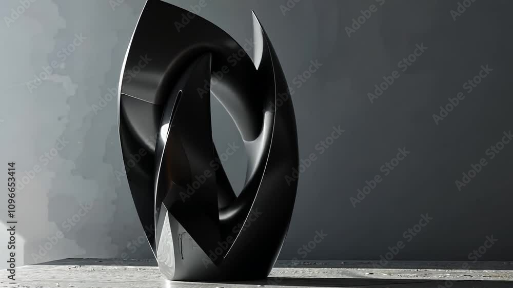 Fototapete A striking abstract sculpture made of black material stands elegantly on a gray surface, illuminated by soft lighting that enhances its unique shapes and contours.