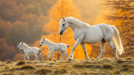 Obraz premium White mare and two foals walking at sunset in autumnal field.