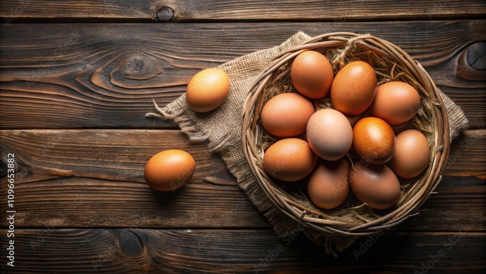 Poster a collection of brown eggs nestled in a woven basket, resting on a rustic wooden surface with burlap