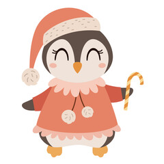 Christmas penguin clipart. Christmas animal clip art. Cute festive character. Hand draw vector illustration in flat style