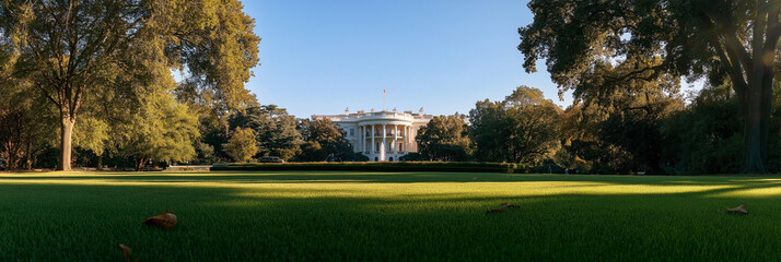 The iconic White House stands majestically, surrounded by vibrant green lawns and towering trees, representing political history and leadership in the United States.