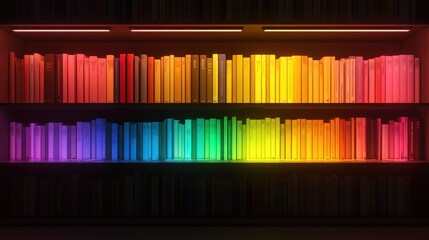 Rainbow Bookshelf: A vibrant display of literature illuminated by colorful LED lights, creating a mesmerizing spectrum of colors.