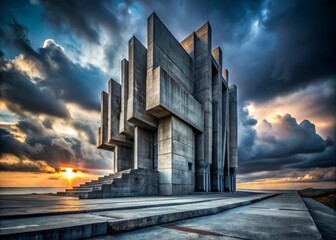A Stunning Hyperrealistic Portrait of Brutalist Architecture Reflecting Historical Power and Raw Design Against a Dramatic Sky at Sunset
