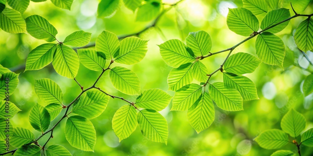 Poster a close-up view of vibrant green leaves, bathed in sunlight, showcasing the intricate details of the