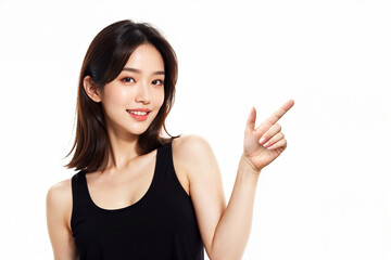 A woman is pointing to the camera with her finger