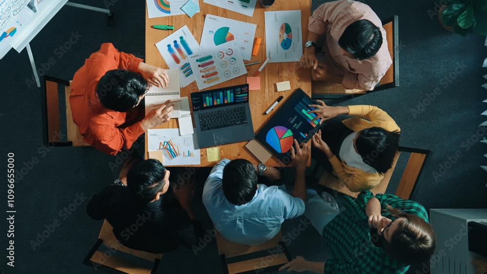 Poster top down view of business people analyzing data and sharing idea about financial chart. top down aer