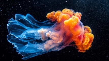 Vibrant orange and blue jellyfish floats in dark water.
