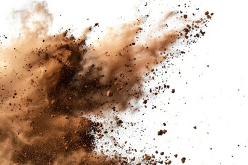 Close-up of soil particles scattering and exploding into the air on a white background. Dynamic motion capture symbolizing energy, nature, and impact.