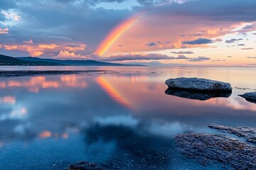 Beautiful Rainbow Over the Sea with a Reflection in the Water, Sky and Clouds, Fantasy Landscape, Beautiful Natural Background