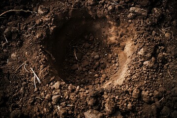 A freshly dug hole in dark soil, surrounded by loose dirt and dry organic material. Close-up of excavation for gardening or planting.