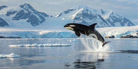 Fototapeta premium Majestic Orca jumping out of the water in arctic, created by Generative AI