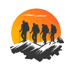 Fototapeta premium Hiking adventure group mountain range vector illustration sunrise side view outdoor exploration concept