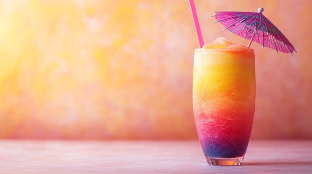 Colorful layered slush drink with vibrant gradient hues of pink and orange, topped with tropical umbrellas, creating a refreshing and fun summer vibe. The drink showcases a visually appealing blend of