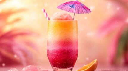 Colorful layered slush drink with vibrant gradient hues of pink and orange, topped with tropical umbrellas, creating a refreshing and fun summer vibe. The drink showcases a visually appealing blend of