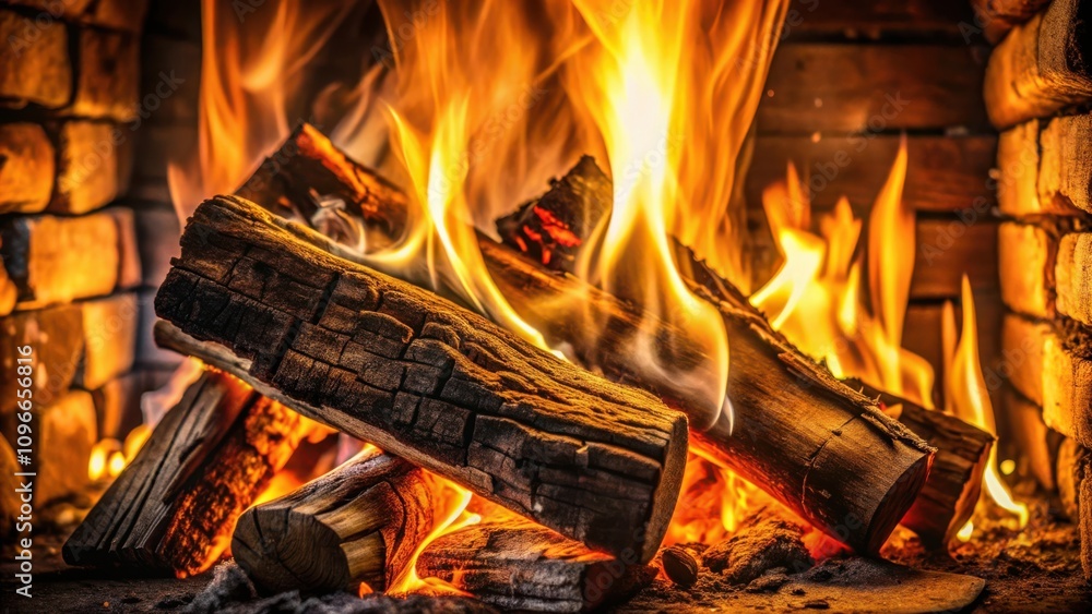 Aufkleber a close-up of a roaring fireplace with flames licking the logs, creating a warm and inviting ambianc