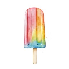 A colorful, rainbow-striped popsicle on a wooden stick, evoking a sense of fun and summer refreshment.