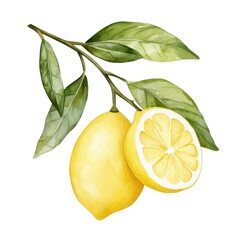 A vibrant watercolor illustration of a lemon branch with one whole lemon and a sliced lemon, accompanied by lush green leaves.