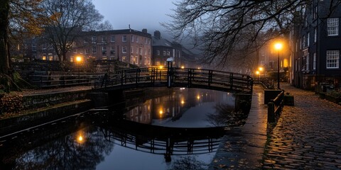 A serene, foggy evening scene featuring a bridge over a canal, illuminated by streetlights.