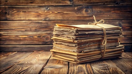 Naklejka premium A stack of aged, worn books tied together with twine, resting upon a rustic wooden surface, hinting at forgotten stories and a timeless sense of history.