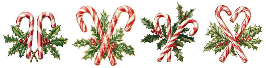 Set of watercolor illustration of two candy canes with Christmas decor elements isolated on a Transparent background