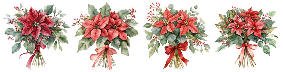Set of watercolor bouquet of red poinsettia, tied with ribbon, eucalyptus, gum leaves, sage green, watercolor, isolated on a Transparent background