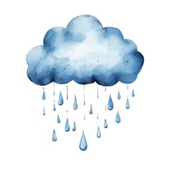 A whimsical watercolor illustration of a blue cloud with rain droplets falling from it.