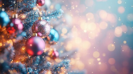 Festive Christmas tree with colorful ornaments and bokeh lights.