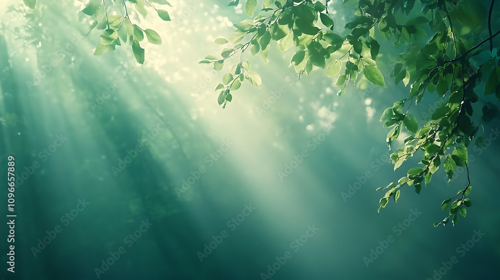 Poster a tranquil and lush setting with layers of greenery fading into the background.